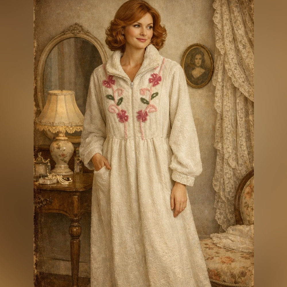 National Vintage Towel Robe Floral Embroidered Mid zip Size M Chic 90s Romantic
